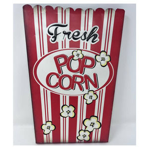 Open Road Brands Fresh Popcorn Sign Embossed Red‎ White Stripes Black 14" Long